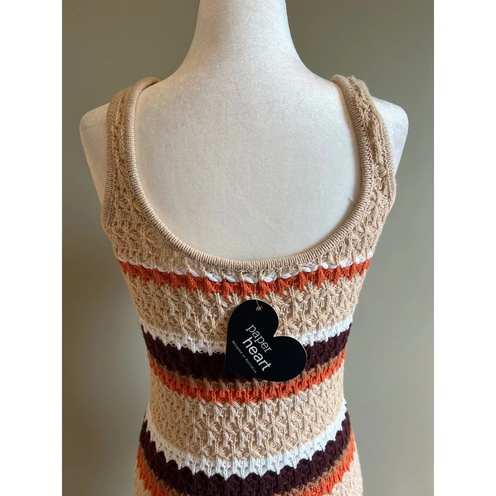 Paper Heart Crochet‎ Knit Striped Maxi Dress Tan Orange Brown Boho Sleeveless M